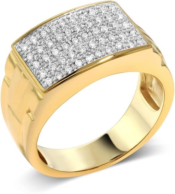 Gem Stone King White Diamond Ring For Men In 10K Yellow Gold