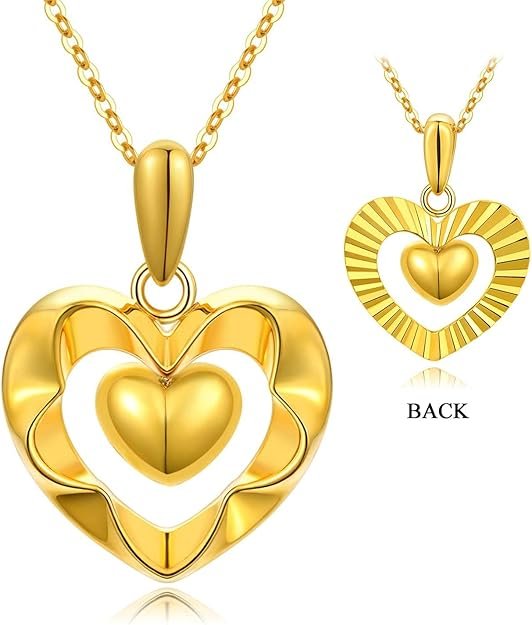 18k Real Gold Heart Necklaces for Women, Dainty Yellow Gold Luster Love Heart-shaped Pendant Anniversary Jewelry Gifts for Her