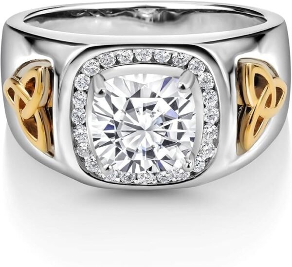 Gem Stone King Men's 925 Silver and 10K Yellow Gold 8MM Cushion Cut Gemstone Birthstone and White Lab Grown Diamond Ring for Men