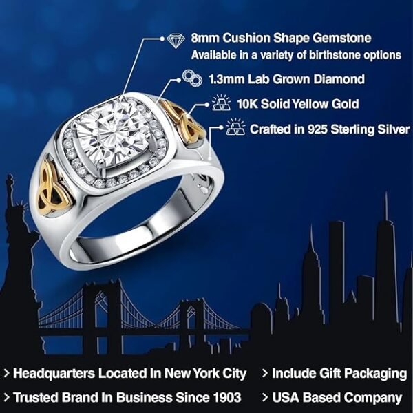 Gem Stone King Men's 925 Silver and 10K Yellow Gold 8MM Cushion Cut Gemstone Birthstone and White Lab Grown Diamond Ring for Men