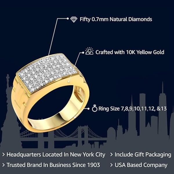 Gem Stone King White Diamond Ring For Men In 10K Yellow Gold