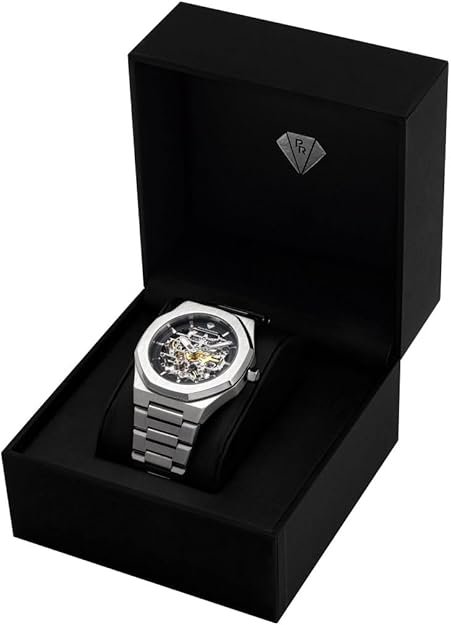 Pierre Richardson Men’s Luxury Watch – Silver Stainless Steel Automatic Skeleton , 41mm, 5ATM Water Resistant, Scratch-Resistant Sapphire Crystal Glass, Elegant Dress Watch for Men