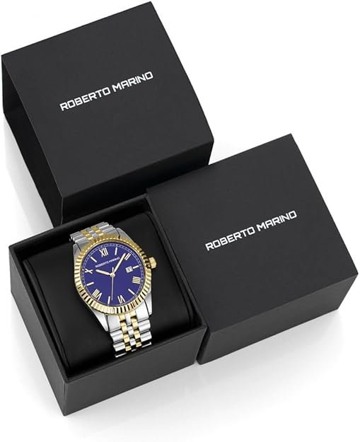 Roberto Marino Men’s Luxury Watch – Gold Stainless Steel, Japanese Quartz, Blue Dial, 3 ATM Water Resistant