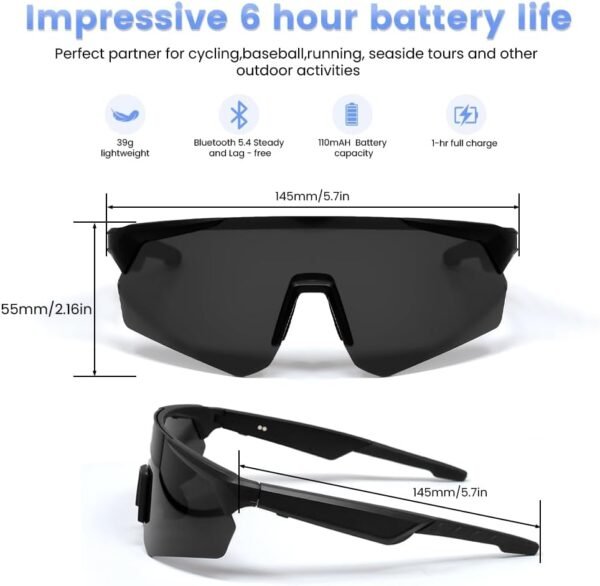 Polarized Bluetooth Sunglasses for Men and women,Sport Smart Glasses Open Ear Music Speakers,Built-in Mic,UV Protection Running Baseball Sunglasses, Cycling Glasses(Black)