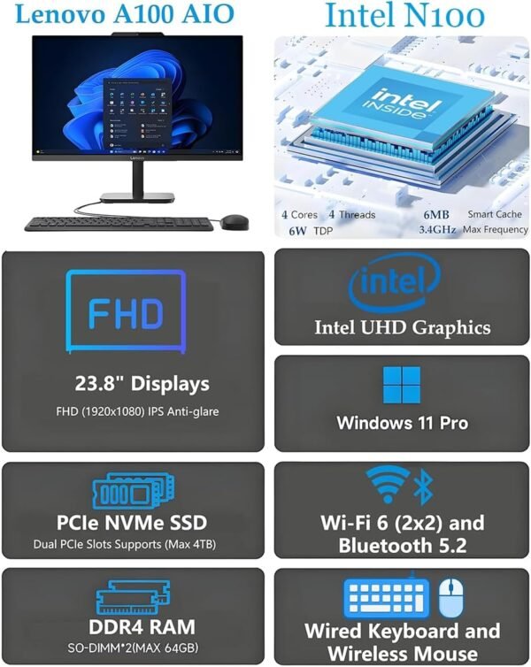 Lenovo 23.8" FHD All-in-One Desktop Computer for Home & Business, Intel N100 (up to 3.4 GHz), 8GB RAM, 512GB SSD, Intel UHD Graphics, RJ45, Bluetooth, HDMI, Wi-Fi, Keyboard & Mouse, Windows 11 Pro