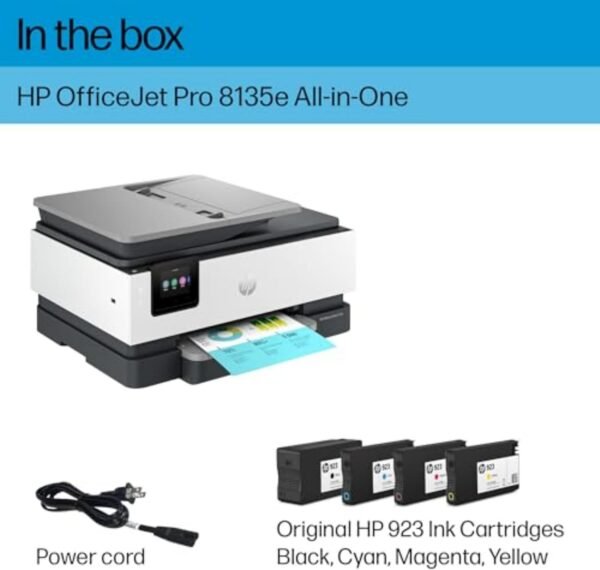 HP OfficeJet Pro 8135e Wireless All-in-One Color Inkjet Printer, Print, Scan, Copy, Fax, ADF, Duplex Printing, Best-for-Home Office, 3 month Instant Ink trial included