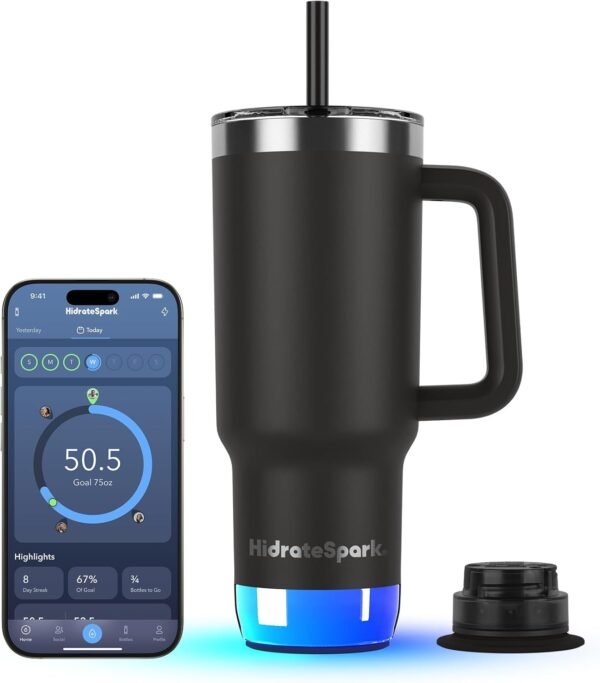 Hidrate Spark PRO 2 Smart Tumbler – 30 oz Insulated Stainless Steel, Tracks Water Intake, Glows & Beeps For Drink Reminder, Bluetooth Sync to App, Straw Lid, BPA-Free, Black (with Apple Find My