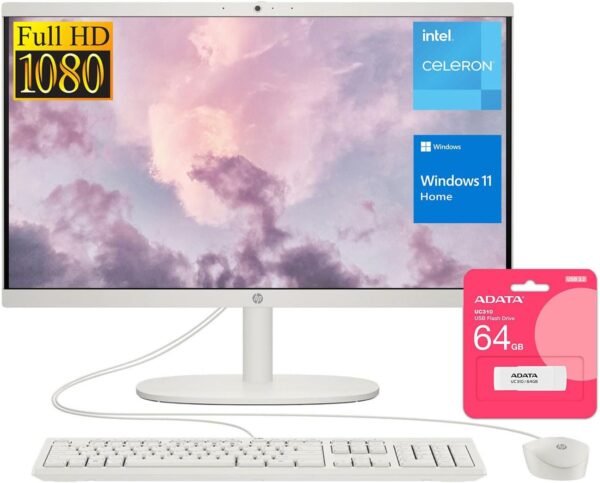 HP Premium All-in-One Desktop, 21.5" FHD Display, Intel Celeron J4025, 8GB RAM, 512GB SSD, Webcam, HDMI, Wi-Fi 6, Wired KB & Mouse, Windows 11 Home, White, Bundle with UC310 64GB USB Flash Drive