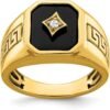10K/14K/18K Solid Gold Black Onyx Greek Key Men Rings Yellow Gold Man's Chunky Signet Luxury Anniversary Rings Engagement Ring Band for Men Him Size 4-16