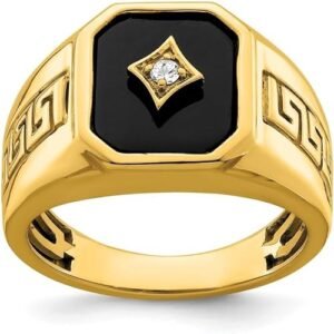 10K/14K/18K Solid Gold Black Onyx Greek Key Men Rings Yellow Gold Man's Chunky Signet Luxury Anniversary Rings Engagement Ring Band for Men Him Size 4-16