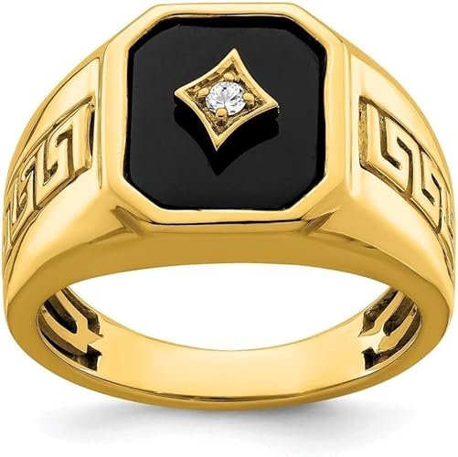 10K/14K/18K Solid Gold Black Onyx Greek Key Men Rings Yellow Gold Man's Chunky Signet Luxury Anniversary Rings Engagement Ring Band for Men Him Size 4-16