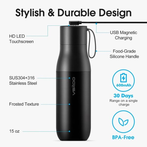 VSITOO 15 oz Smart Self-Cleaning Water Bottle,Stainless Steel Vacuum Flask,BPA-Free, One-Touch Clean,30-Day Battery, Magnetic Charging,Portable Bottle for Travel,Gym or Office,White