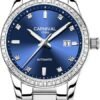 Women's Diamond Automatic Mechanical Rose Gold Stainless Steel Sapphire Waterproof Lady's Elegant Blue Watch