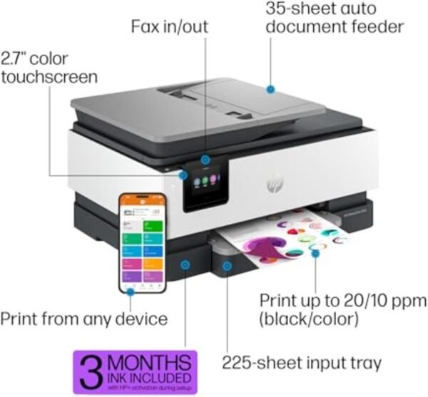 HP OfficeJet Pro 8135e Wireless All-in-One Color Inkjet Printer, Print, Scan, Copy, Fax, ADF, Duplex Printing, Best-for-Home Office, 3 month Instant Ink trial included