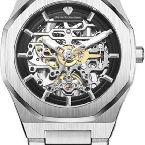 Pierre Richardson Men’s Luxury Watch – Silver Stainless Steel Automatic Skeleton , 41mm, 5ATM Water Resistant, Scratch-Resistant Sapphire Crystal Glass, Elegant Dress Watch for Men