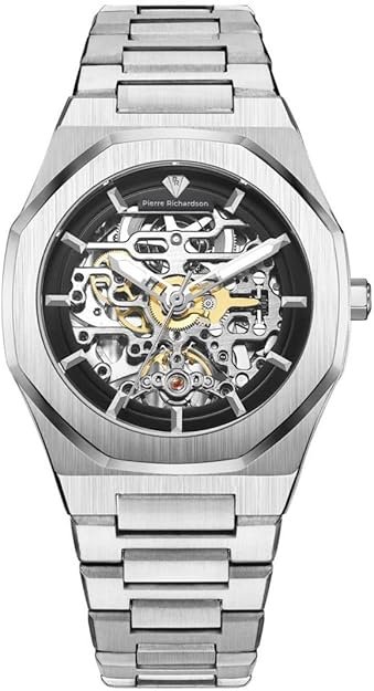 Pierre Richardson Men’s Luxury Watch – Silver Stainless Steel Automatic Skeleton , 41mm, 5ATM Water Resistant, Scratch-Resistant Sapphire Crystal Glass, Elegant Dress Watch for Men