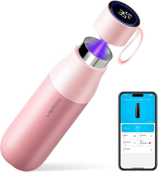 VSITOO 15 oz Smart Self-Cleaning Water Bottle,Stainless Steel Vacuum Flask,BPA-Free, One-Touch Clean,30-Day Battery, Magnetic Charging,Portable Bottle for Travel,Gym or Office,White