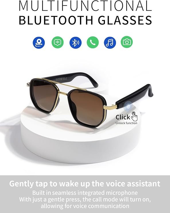 Smart glasses，Bluetooth headphone Sunglasses Aviator Stylish Wireless Fashion Glasses for Working&Outdoor