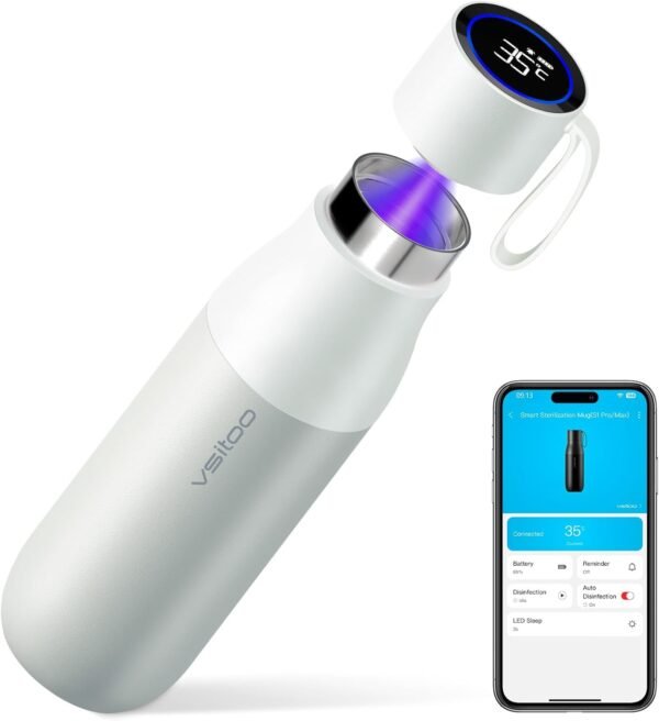 VSITOO 15 oz Smart Self-Cleaning Water Bottle,Stainless Steel Vacuum Flask,BPA-Free, One-Touch Clean,30-Day Battery, Magnetic Charging,Portable Bottle for Travel,Gym or Office,White