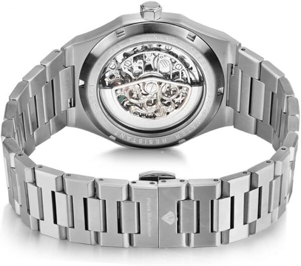 Pierre Richardson Men’s Luxury Watch – Silver Stainless Steel Automatic Skeleton , 41mm, 5ATM Water Resistant, Scratch-Resistant Sapphire Crystal Glass, Elegant Dress Watch for Men
