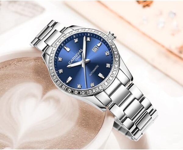 Women's Diamond Automatic Mechanical Rose Gold Stainless Steel Sapphire Waterproof Lady's Elegant Blue Watch