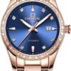 Women's Diamond Automatic Mechanical Rose Gold Stainless Steel Sapphire Waterproof Lady's Elegant Blue Watch