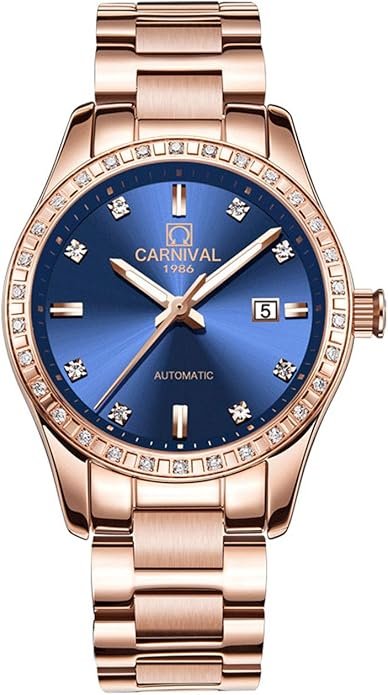 Women's Diamond Automatic Mechanical Rose Gold Stainless Steel Sapphire Waterproof Lady's Elegant Blue Watch