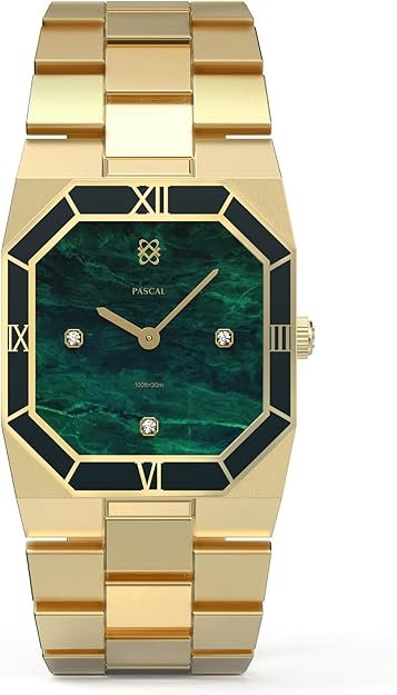PASCAL Octagonal Enamel Diamond Watch for Men, Modern Vintage Octagonal Men's Quartz Luxury Gold Dress Watch, Sapphire Crystal, Roman Bezel
