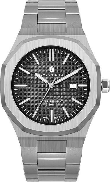 SAPPHERO Men's Watch Octagonal Stainless Steel 30M Waterproof Luminous Wristwatch Luxury Analog Quartz Watch for Men with Date Elegant Mens