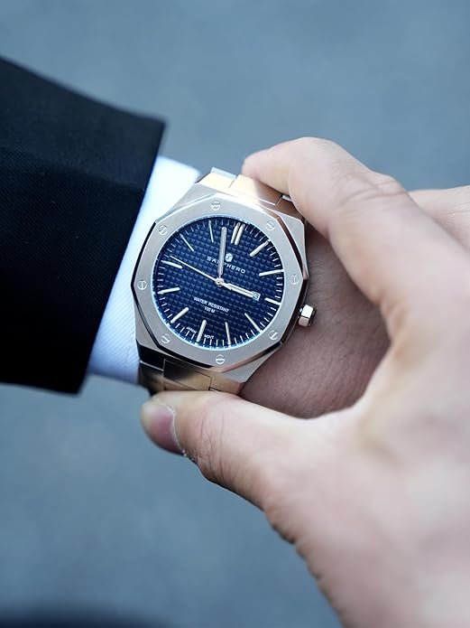 SAPPHERO Men's Watch Octagonal Stainless Steel 30M Waterproof Luminous Wristwatch Luxury Analog Quartz Watch for Men with Date Elegant Mens