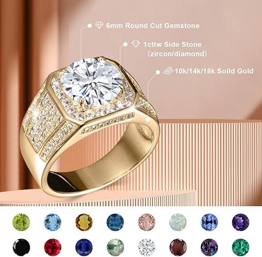 Gemstone Men's Rings 1CT Round Cut Ring for Men in 10K 14K 18K Solid Gold Promise Engagement Ring Band for husband Him