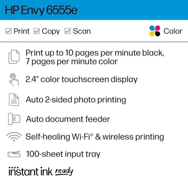 HP Envy 6555e Wireless All-in-One Color Inkjet Printer, Print, scan, Copy, Duplex Printing Best-for-Home, 3 month Instant Ink trial included