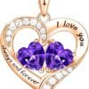 18K Rose Gold Heart Necklace, Valentine's Day Gifts, Jewelry for Women with 2 Birthstones, Customized Gifts for Mom Wife, I Love You Always and Forever, Gold, Cubic Zirconia