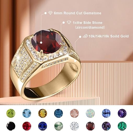 Gemstone Men's Rings 1CT Round Cut Ring for Men in 10K 14K 18K Solid Gold Promise Engagement Ring Band for husband Him