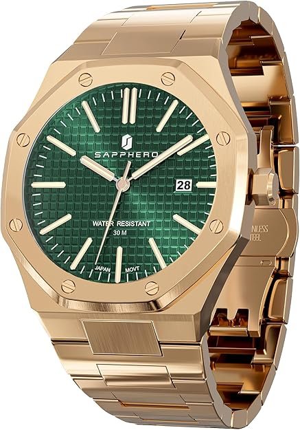 SAPPHERO Men's Watch Octagonal Stainless Steel 30M Waterproof Luminous Wristwatch Luxury Analog Quartz Watch for Men with Date Elegant Mens