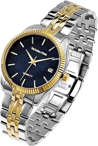 71BaBkOrQLL._AC_SY500_ VICTORIA HYDE Two Tone Watches for Women, Silver and Gold Womens Watch, Stainless Steel Deepsea Blue Face Ladies Watch