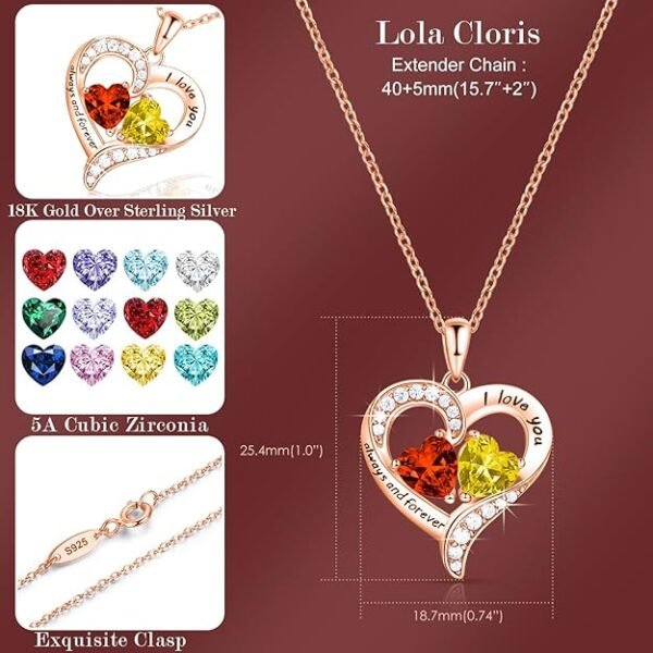 18K Rose Gold Heart Necklace, Valentine's Day Gifts, Jewelry for Women with 2 Birthstones, Customized Gifts for Mom Wife, I Love You Always and Forever, Gold, Cubic Zirconia