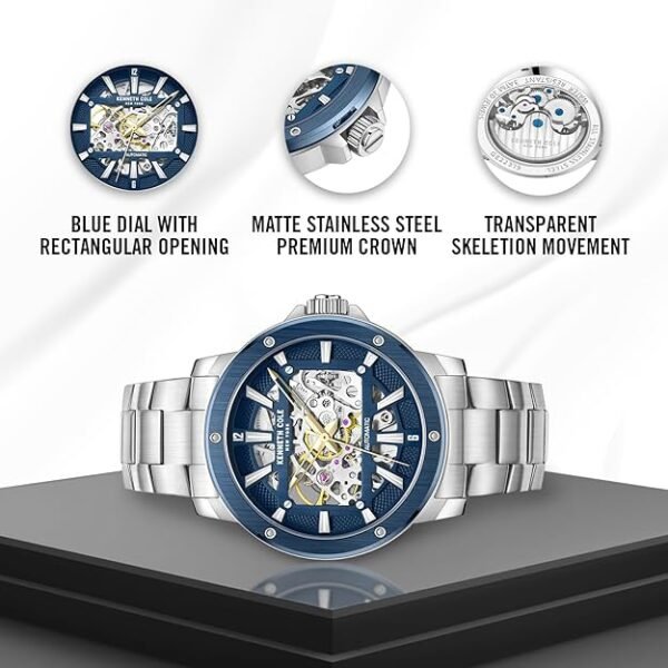 Kenneth Cole New York Men's Watch - Luxury, Stainless Steel, Automatic, Water-Resistant, Sleek Design Analog Watch with Skeleton Transparent Dial for Men