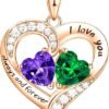 18K Rose Gold Heart Necklace, Valentine's Day Gifts, Jewelry for Women with 2 Birthstones, Customized Gifts for Mom Wife, I Love You Always and Forever, Gold, Cubic Zirconia