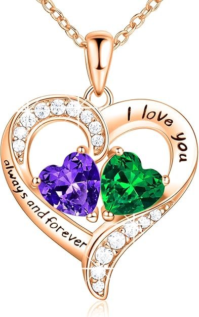 18K Rose Gold Heart Necklace, Valentine's Day Gifts, Jewelry for Women with 2 Birthstones, Customized Gifts for Mom Wife, I Love You Always and Forever, Gold, Cubic Zirconia