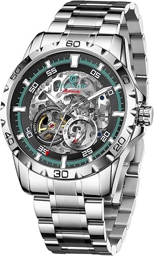 Automatic Watches for Men - Self-Winding Mechanical Movement, Skeleton Open Dial, 30 ATM Waterproof, with Stainless Steel Band, Wrist Watch, Without Battery