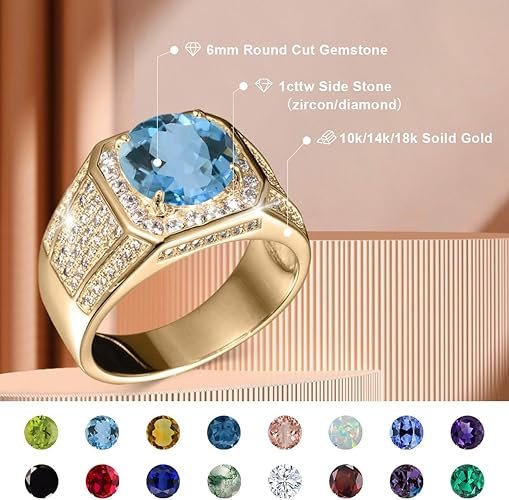 Gemstone Men's Rings 1CT Round Cut Ring for Men in 10K 14K 18K Solid Gold Promise Engagement Ring Band for husband Him