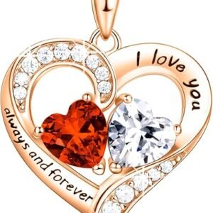 18K Rose Gold Heart Necklace, Valentine's Day Gifts, Jewelry for Women with 2 Birthstones, Customized Gifts for Mom Wife, I Love You Always and Forever, Gold, Cubic Zirconia
