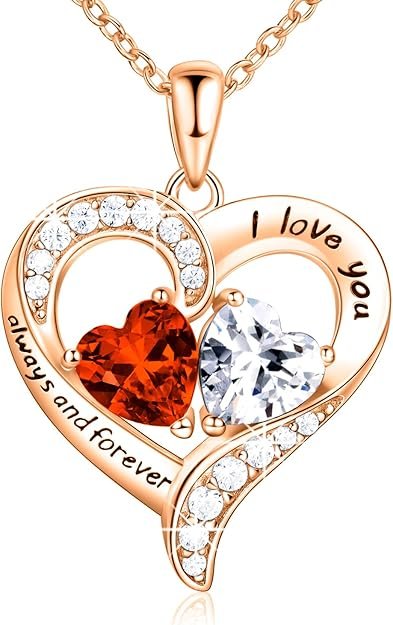 18K Rose Gold Heart Necklace, Valentine's Day Gifts, Jewelry for Women with 2 Birthstones, Customized Gifts for Mom Wife, I Love You Always and Forever, Gold, Cubic Zirconia