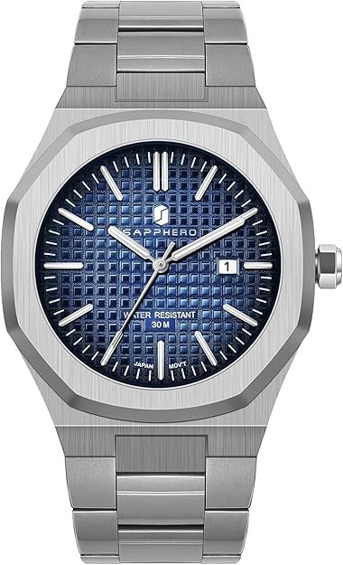 SAPPHERO Men's Watch Octagonal Stainless Steel 30M Waterproof Luminous Wristwatch Luxury Analog Quartz Watch for Men with Date Elegant Mens