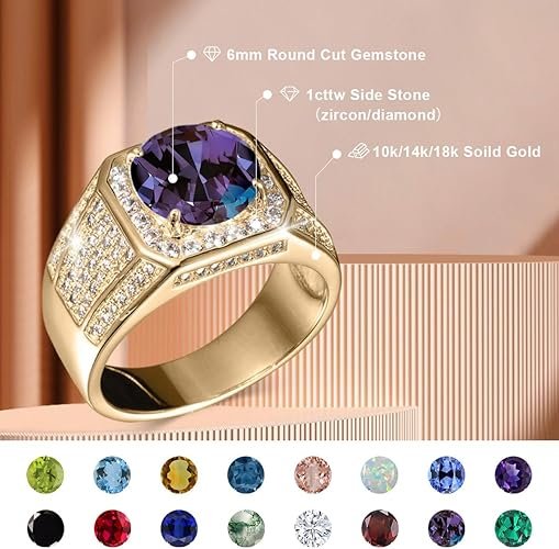 Gemstone Men's Rings 1CT Round Cut Ring for Men in 10K 14K 18K Solid Gold Promise Engagement Ring Band for husband Him