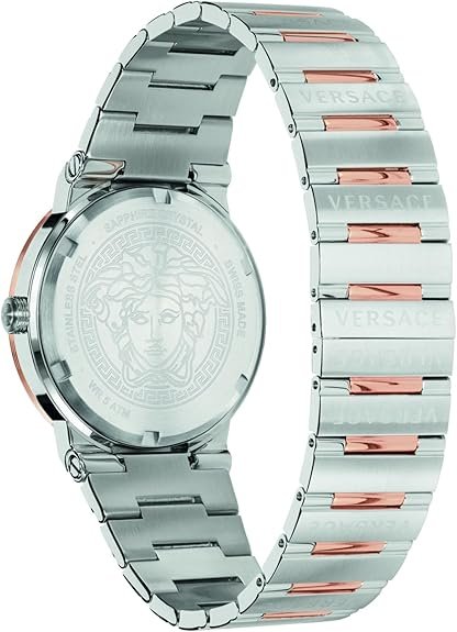 Versace Greca Logo Collection Luxury Mens Watch Timepieces with a Two Tone Bracelet and Case Featuring a Silver Dial