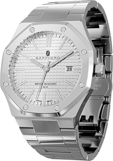 SAPPHERO Men's Watch Octagonal Stainless Steel 30M Waterproof Luminous Wristwatch Luxury Analog Quartz Watch for Men with Date Elegant Mens