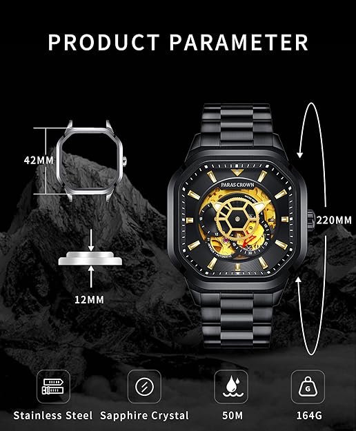 Paras Crown Automatic Analog Watches for Men Mechanical Mens Watches Stainless Case 50M Waterproof Fashion Luxury Wrist Watches with Silicone Strap