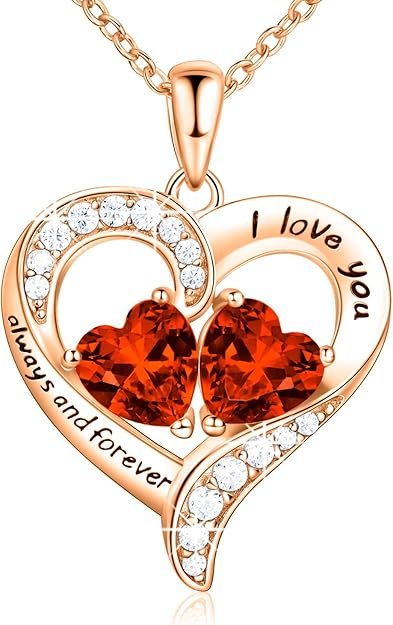 18K Rose Gold Heart Necklace, Valentine's Day Gifts, Jewelry for Women with 2 Birthstones, Customized Gifts for Mom Wife, I Love You Always and Forever, Gold, Cubic Zirconia